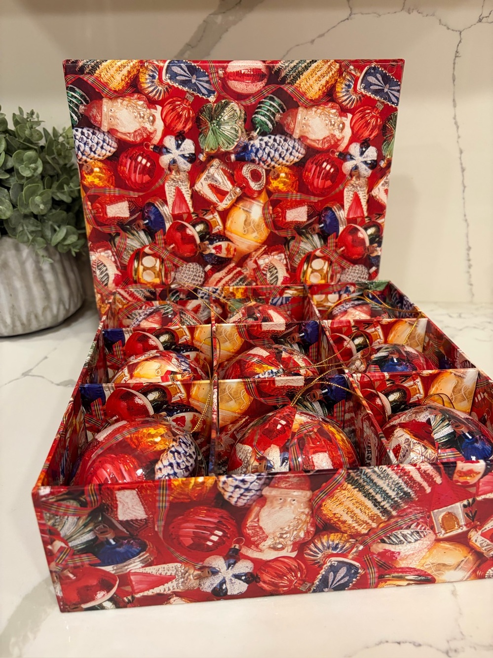 Vintage 1980s Decoupage Christmas Ornament Set 9 Piece Boxed Santa Print 3"